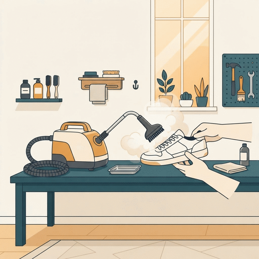 Illustrated steam station: a hand-held steam wand releasing steam onto a sneaker held by a pair of hands, next to a coiled hose