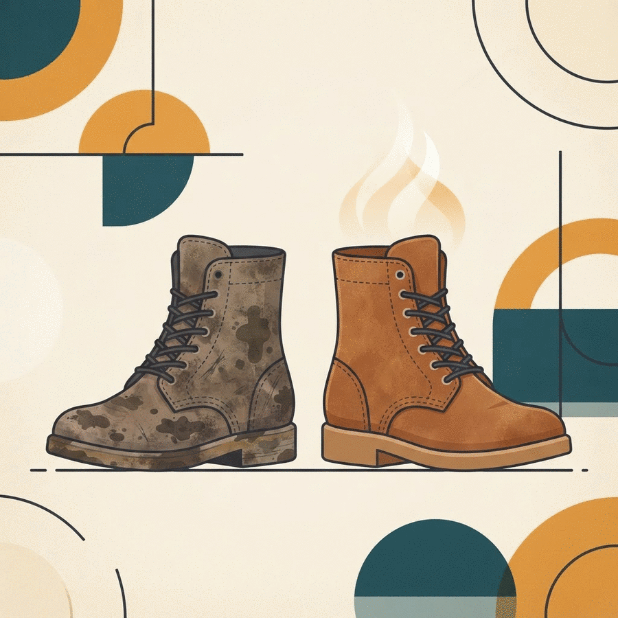 Illustrated pair of suede boots side by side: the left boot muddy and dull, the right boot restored with a warm, even nap